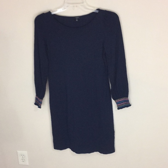 Talbots Petites Navy Cotton Casual Peasant Dress Elastic Smocking at Cuffs - Picture 1 of 12